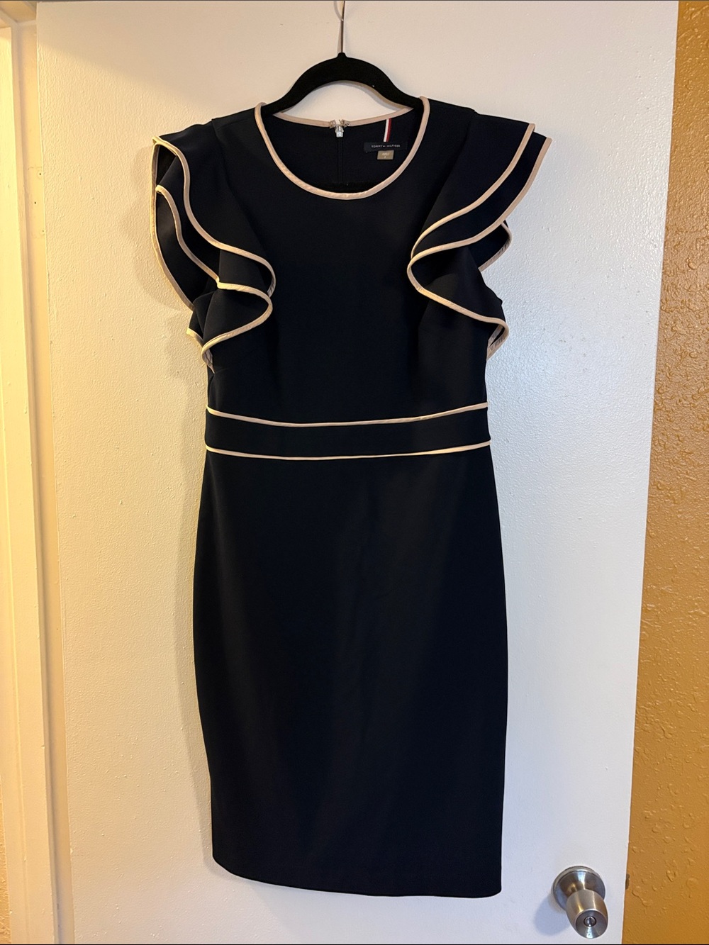 Tommy Hilfiger Dark Navy Midi Sheath Dress with Cream Trim